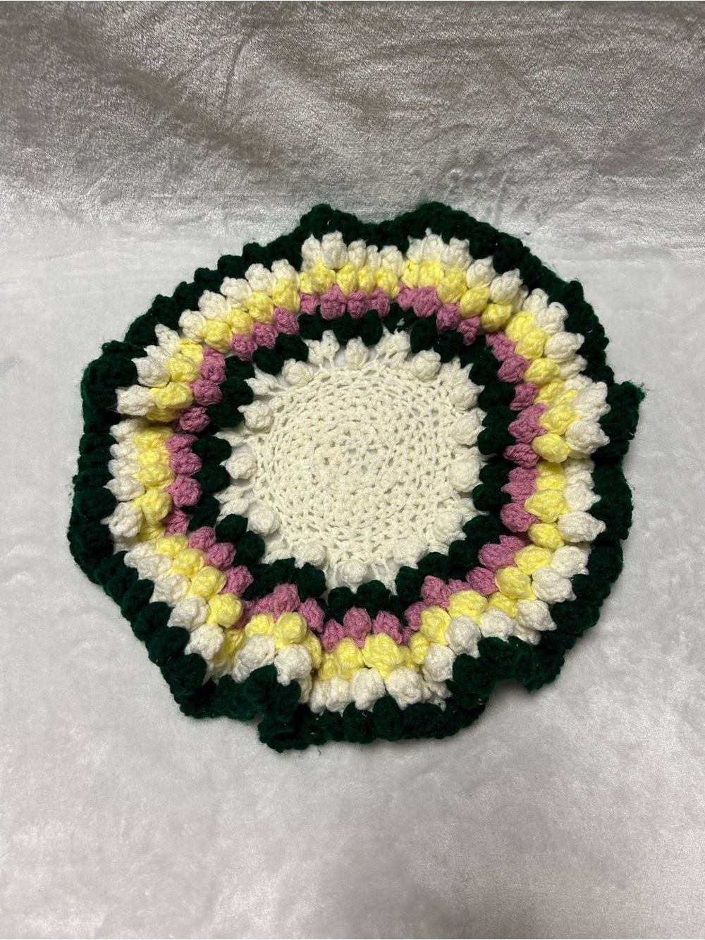 vintage crochet round doily green white pink yellow